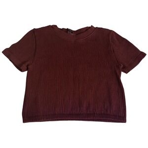 Brown Ribbed‎ Knit Short Sleeve Crop Top Tee Shirt Layered Small